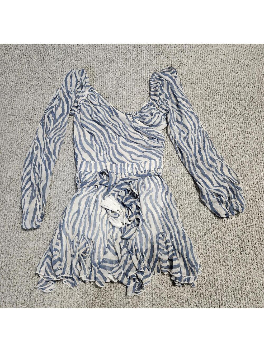 LUXXEL Blue and White Zebra Print Romper Long Sleeve with Ruffle Hem Size Medium
